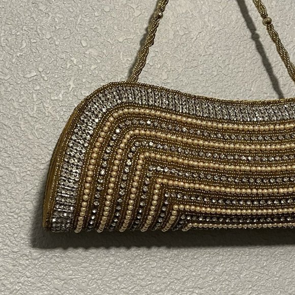 La Regale oval clutch purse evening bag cocktail bag gold with rhinestones - Picture 2 of 10